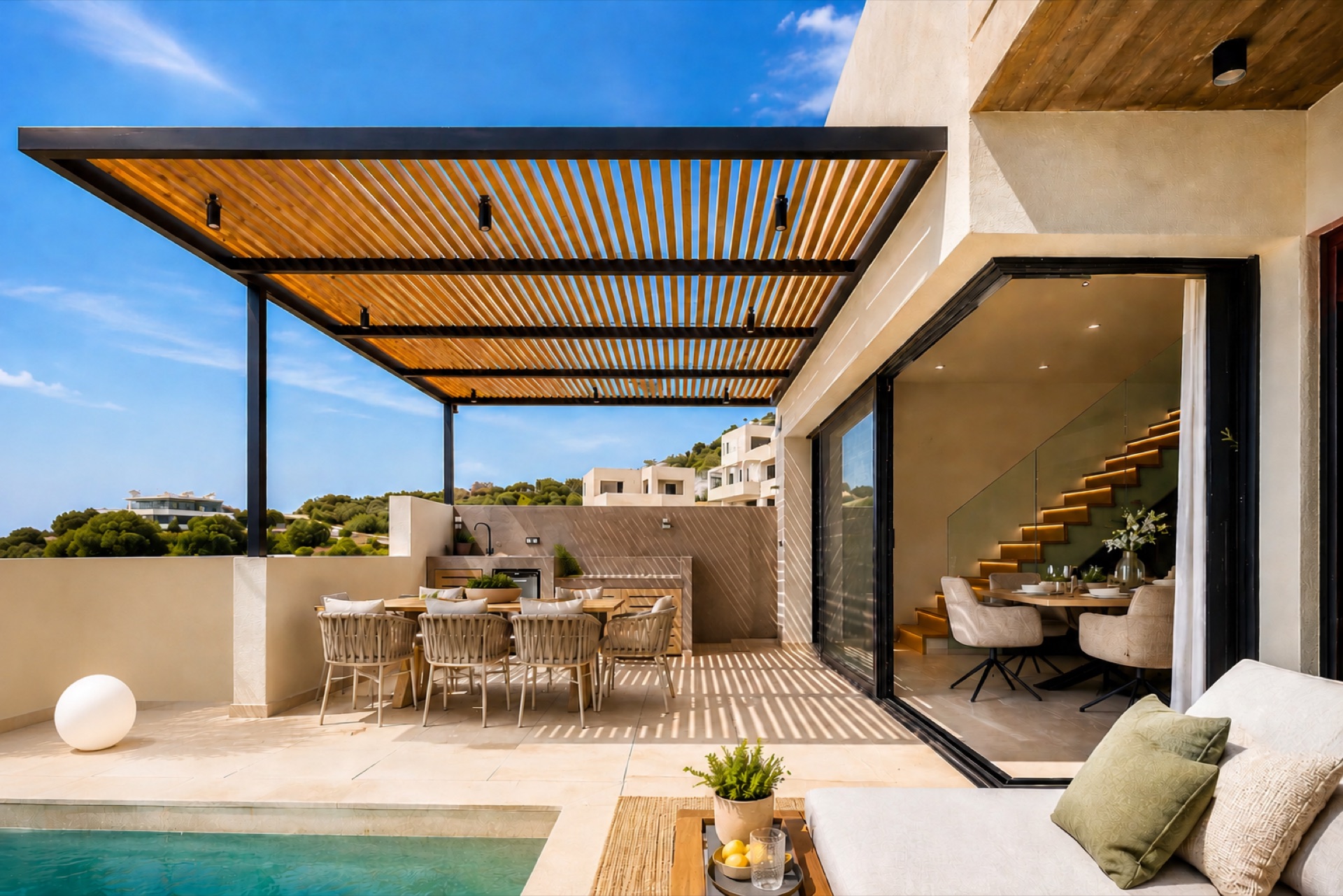 Pergola terrace under a blue sky
