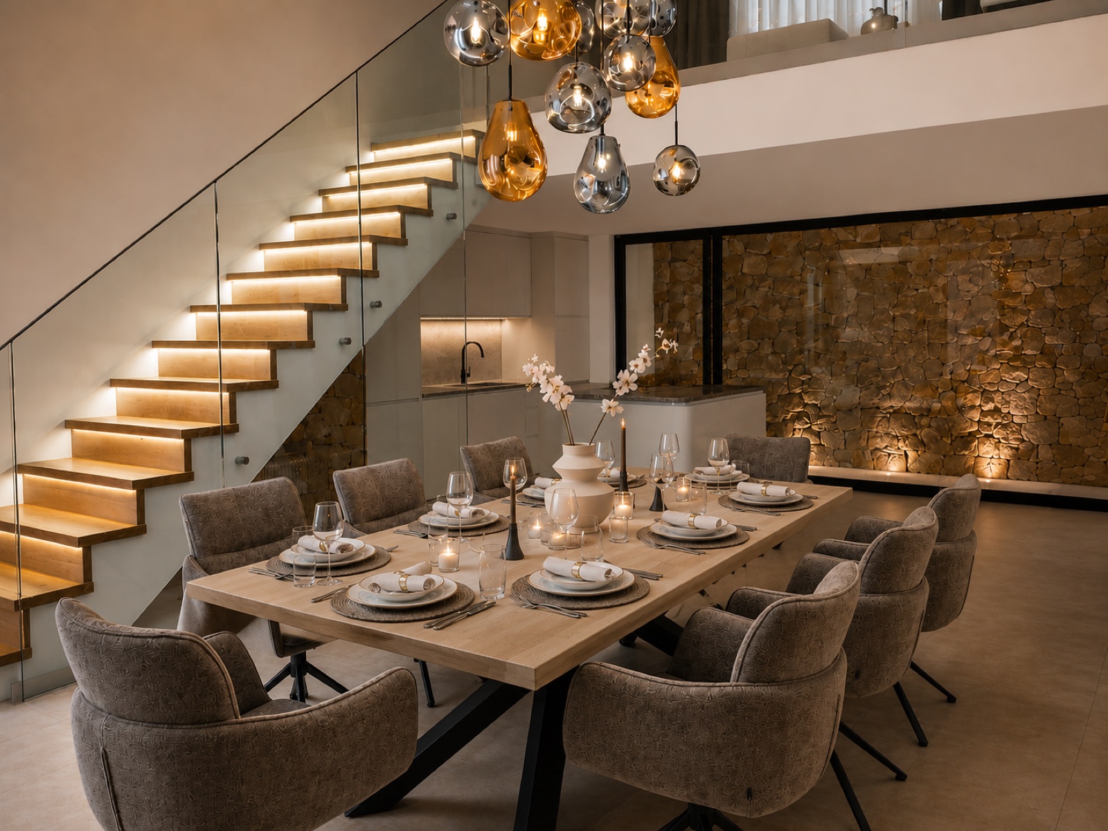Dining under the staircase at dusk