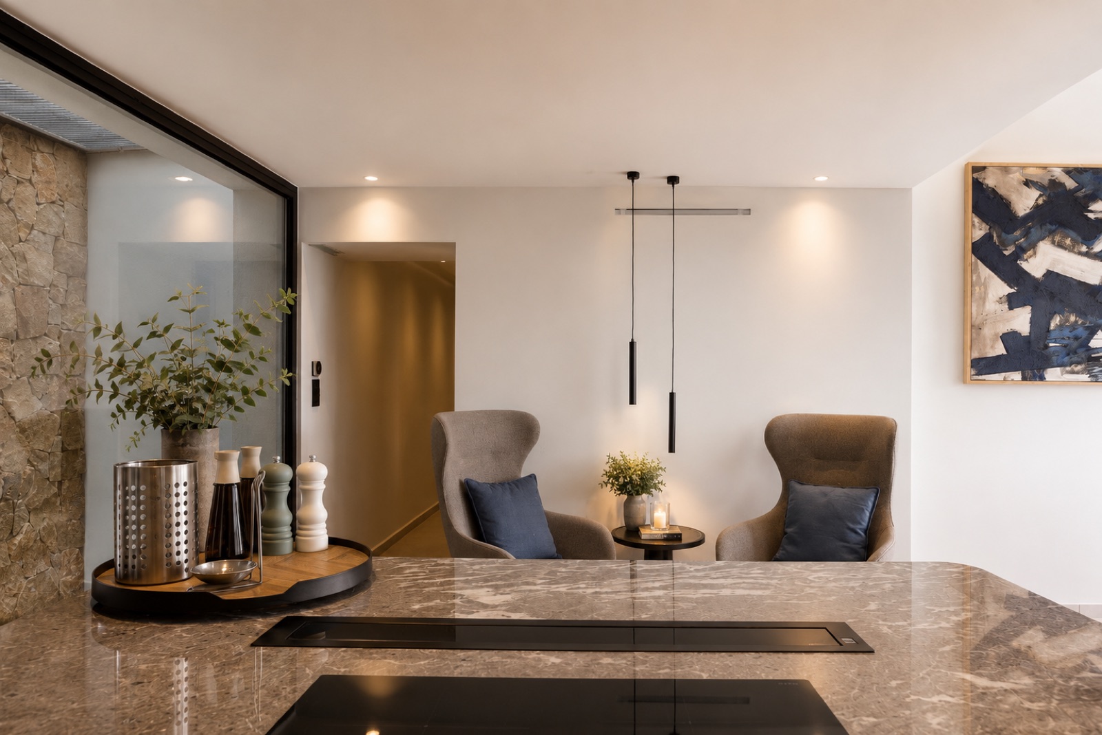 Kitchen with stone wall